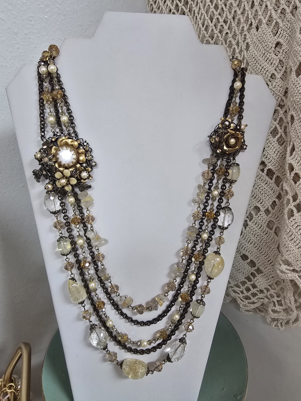 Sweet Romance Layered Floral Statement Necklace in Gold and Cream